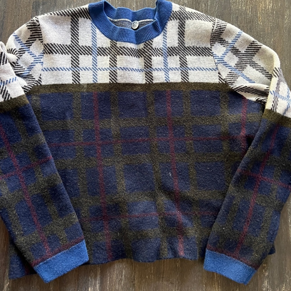 MARGARET O LEARY merino plaid crop sweater sz S